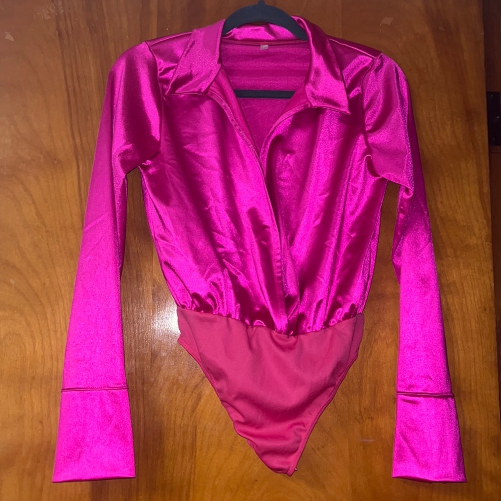 2-piece fuchsia pant set; top is a slip-on bodysuit: size Large; 100% polyester